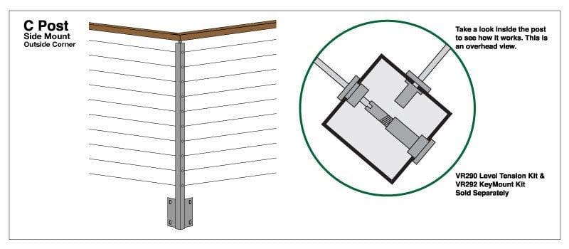 "C" Outside Corner Mount Cable Railing Post